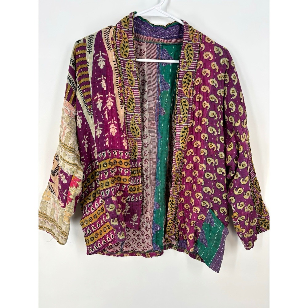 UpCycleMN Kantha Handmade Cotton Kimono Jacket Open Front Paisley OS Boho Artsy